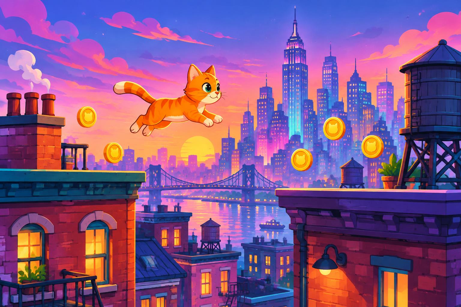 Illustration of an orange tabby cat leaping between colorful city rooftops