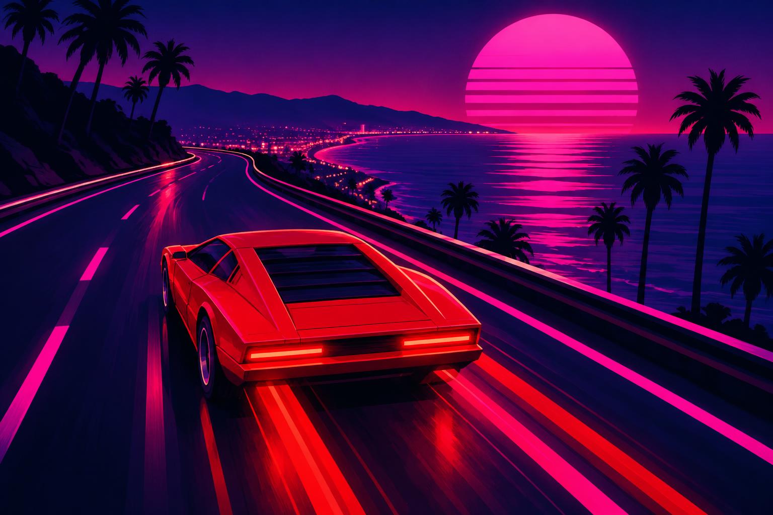 Illustration of a fictional scarlet wedge-shaped sports car on a neon coastal highway
